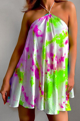 Cyan Sexy Halter Neck Backless Digital Tie Dye Printing Loose Swing Dress ZDD31157-3