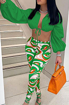 Green Fashion Lapel Neck Lantern Sleeve Tied  Crop Top High Waist Printing Pants F88380-3