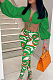 Green Fashion Lapel Neck Lantern Sleeve Tied  Crop Top High Waist Printing Pants F88380-3