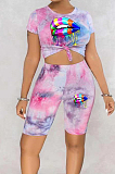 Yellow Green Tie Dye Lip Printing Short Sleeve Round Collar Shorts Two-Piece HMR6016-1