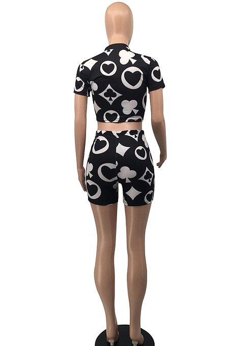 Black Printing Hollow Out O Neck Short Sleeve Casual Shorts Two-Piece HMR6014
