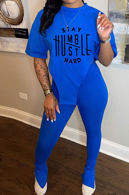 Black Women Printing Fashion Short Sleeve Round Neck Split Pants Sets AYQ0501-3