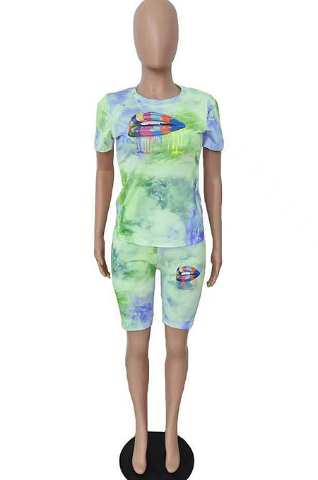 Yellow Green Tie Dye Lip Printing Short Sleeve Round Collar Shorts Two-Piece HMR6016-1