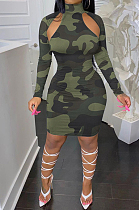 Army Green Camouflage Printing Half High Neck Long Sleeve Hollow Out Collcet Waist Hip Dress YMM9055-1