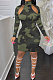 Army Green Camouflage Printing Half High Neck Long Sleeve Hollow Out Collcet Waist Hip Dress YMM9055-1