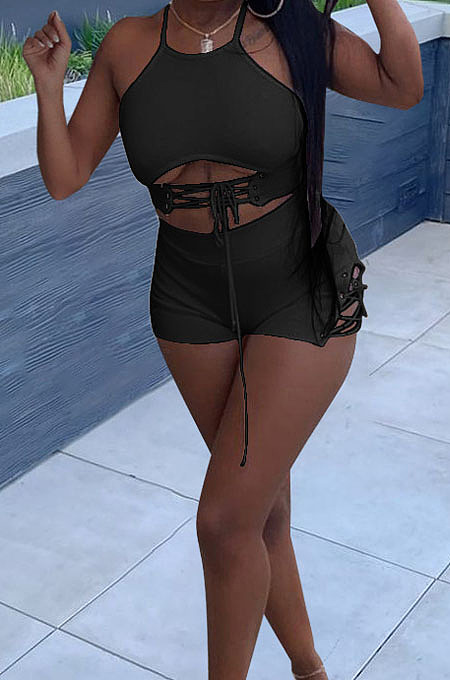 Black Summer New Condole Belt Backless Eyelet Bandage Crop Top High Waist Shorts Solid Colur Two-Piece YT3287-4