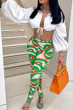 Green Fashion Lapel Neck Lantern Sleeve Tied  Crop Top High Waist Printing Pants F88380-3