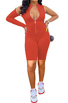 Orange Red Euramerican Women Zipper Off Shoulder Single Sleeve Solid Color Romper Shorts AYQ0506-1