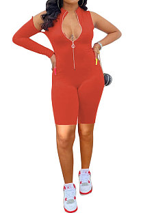 Orange Red Euramerican Women Zipper Off Shoulder Single Sleeve Solid Color Romper Shorts AYQ0506-1