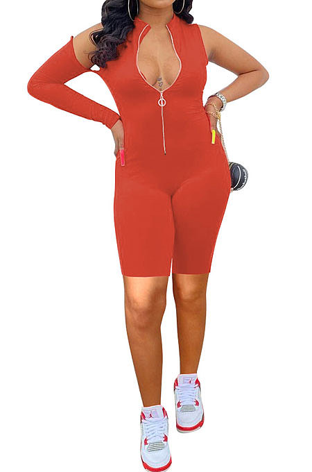 Orange Red Euramerican Women Zipper Off Shoulder Single Sleeve Solid Color Romper Shorts AYQ0506-1