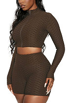 Coffee Euramerican Women Bodycon Pure Color Long Sleeve Casual Yoga Sport Shorts Sets SN390110-7
