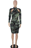 Red Camouflage Printing Half High Neck Long Sleeve Hollow Out Collcet Waist Hip Dress YMM9055-2