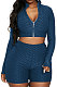 Dark Blue Euramerican Women Bodycon Pure Color Long Sleeve Casual Yoga Sport Shorts Sets SN390110-3