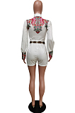 White New Digital Printing Long Sleeve Lapel Neck Single-Breasted Shirt Tied Romper Shorts F88379-3