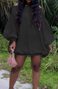 Black Cute Solid Colur Lantern Sleeve A Word Shoulder Loose Mini Dress YT3286-4