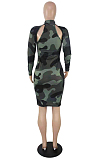 Army Green Camouflage Printing Half High Neck Long Sleeve Hollow Out Collcet Waist Hip Dress YMM9055-1