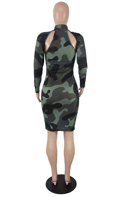 Army Green Camouflage Printing Half High Neck Long Sleeve Hollow Out Collcet Waist Hip Dress YMM9055-1