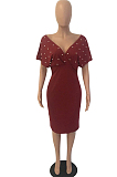 Light Blue New Night Club Short Sleeve V Neck Beaded Zip Back Bodycon Dress HH8825-7