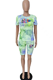 Pink Blue Tie Dye Lip Printing Short Sleeve Round Collar Shorts Two-Piece HMR6016-2