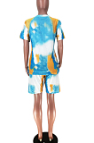 Yellow Casual Printing V Neck Short Sleeve T-Shirt Shorts Two-Piece HMR6018-2