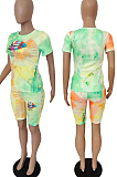 Pink Blue Tie Dye Lip Printing Short Sleeve Round Collar Shorts Two-Piece HMR6016-2