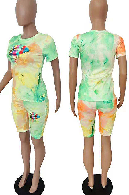 Pink Blue Tie Dye Lip Printing Short Sleeve Round Collar Shorts Two-Piece HMR6016-2