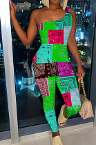 Green Nigh Club Women One Shoulder Sleeveless Digital Printing Bodycon Jumpsuits HG117-2