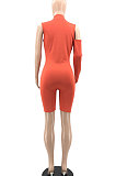 Light Green Euramerican Women Zipper Off Shoulder Single Sleeve Solid Color Romper Shorts AYQ0506-3