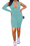 Orange Red Euramerican Women Zipper Off Shoulder Single Sleeve Solid Color Romper Shorts AYQ0506-1