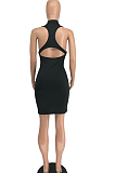 Black Sleeveless Stand Collar Zipper Back Cross Collect Waist Tank Midi Dress CCN1852-2