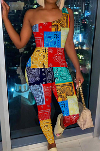 Red Nigh Club Women One Shoulder Sleeveless Digital Printing Bodycon Jumpsuits HG117-1