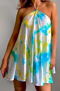 Cyan Sexy Halter Neck Backless Digital Tie Dye Printing Loose Swing Dress ZDD31157-3