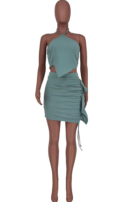 Pink Nigh Club Halter Neck Backless Irregularity Top Ruffle Bandage Short Skirts Two-Piece ZDD31158-2