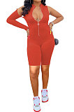 Sky Blue Euramerican Women Zipper Off Shoulder Single Sleeve Solid Color Romper Shorts AYQ0506-2