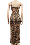 Brown Leopard Fashion Digital Printing Strapless Bandage Hollow Out Split Long Dress XZ5236-1