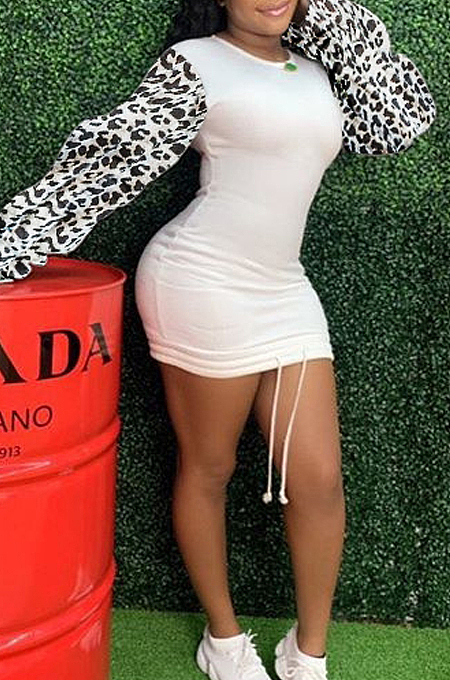 White Leopard Printing Spliced Round Collar Horn Sleeve Drawsting Sexy Hip Dress HMR6026-1