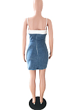 Blue Fashin Spliced Eyelet Bandage Condole Belt Tank Jean Hip Dress JLX3502
