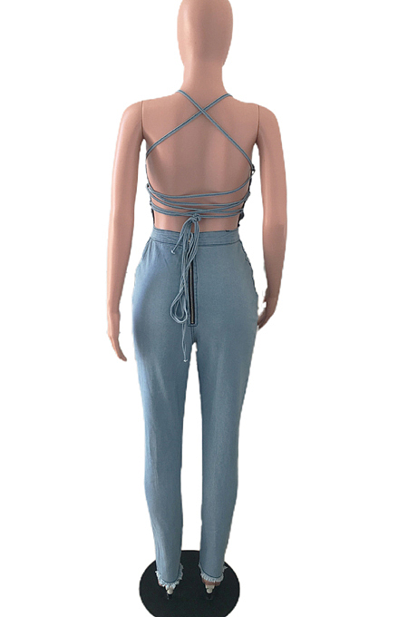 Light Blue Condole Belt Strapless Back Bandage Jean Bodycon Jumpsuits JLX6060