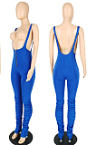 Blue Summer Cotton Blend Pure Color Tight Zipper Ruffle Suspender Trousers E8528-4