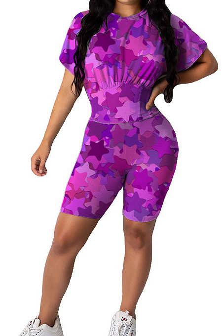 Colorful Cute Stars Printing Collect Waist Round Neck Short Sleeve Tight Shorts Two-Piece HMR6020-2