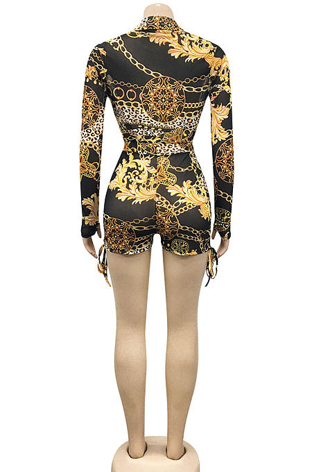 Chain Sexy Printing Long Sleeve Zipper V Neck Drawsting Romper Shorts XZ5178-2