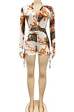 Brown Sexy Printing Long Sleeve Zipper V Neck Drawsting Romper Shorts XZ5178-1