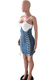 Blue Fashin Spliced Eyelet Bandage Condole Belt Tank Jean Hip Dress JLX3502