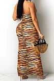 Brown Leopard Fashion Digital Printing Strapless Bandage Hollow Out Split Long Dress XZ5236-1