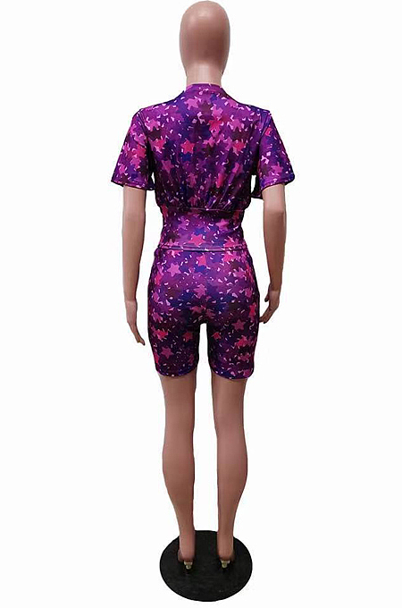 Purple Cute Stars Printing Collect Waist Round Neck Short Sleeve Tight Shorts Two-Piece HMR6020-1