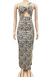 Brown Leopard Fashion Digital Printing Strapless Bandage Hollow Out Split Long Dress XZ5236-1
