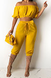 Red Euramerican Women Sexy Off Shoulder Dew Belly Blouse Pure Color Cropped Pants Sets AYQ0510-2