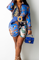 Blue Positioning Print Long Sleeve Lapel Neck Single-Breaster Shirt Dress E8610-3