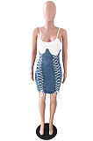 Blue Fashin Spliced Eyelet Bandage Condole Belt Tank Jean Hip Dress JLX3502