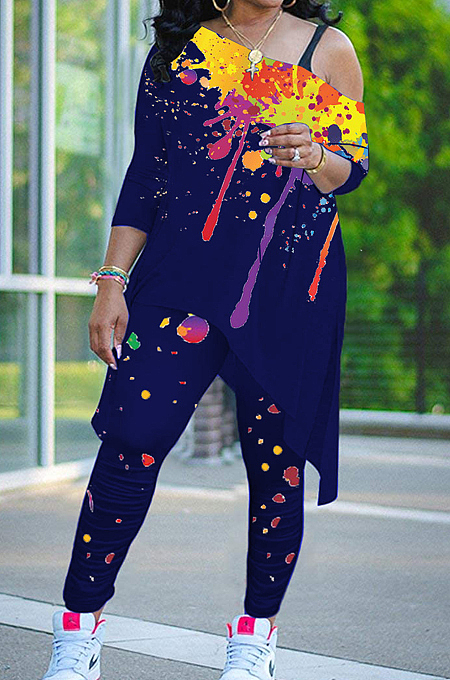 Pink Splash-Ink Print Oblique Shoulder Long Sleeve Carrot Pants Sports Two-Piece LY049-1